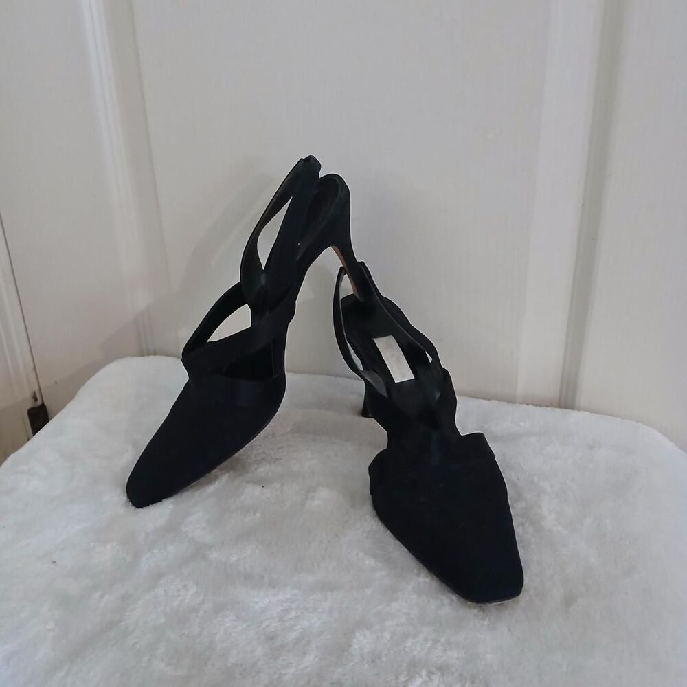 Vintage 90s Vera Wang Black Cutout Slingback Heels 6.5 Made in Italy Old Money